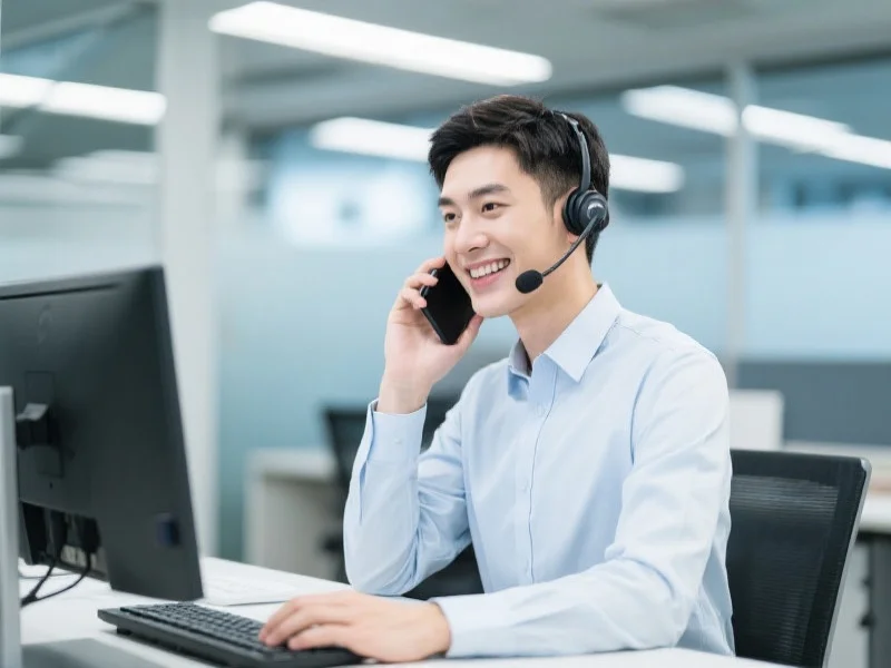 一个微笑着的客服人员正在通过手机和电脑为用户远程解答疑问，背景是现代办公室