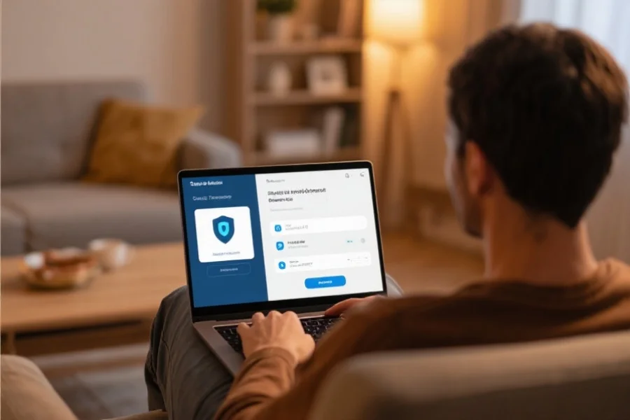 用户坐在家中，通过笔记本电脑检查个人账户安全设置，环境温馨，显示屏上有安全设置界面