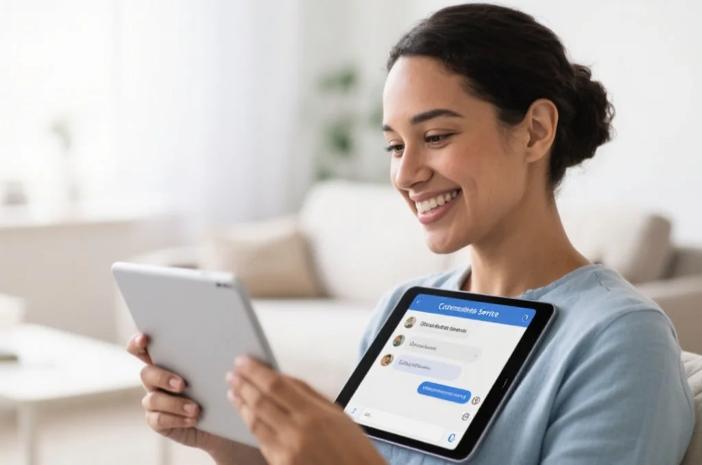 用户通过平板电脑与在线客服愉快交流，屏幕显示客服界面